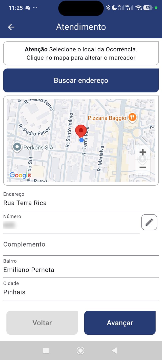 Tela de Atendimento: selecione o local da ocorrência no mapa ou busque o endereço