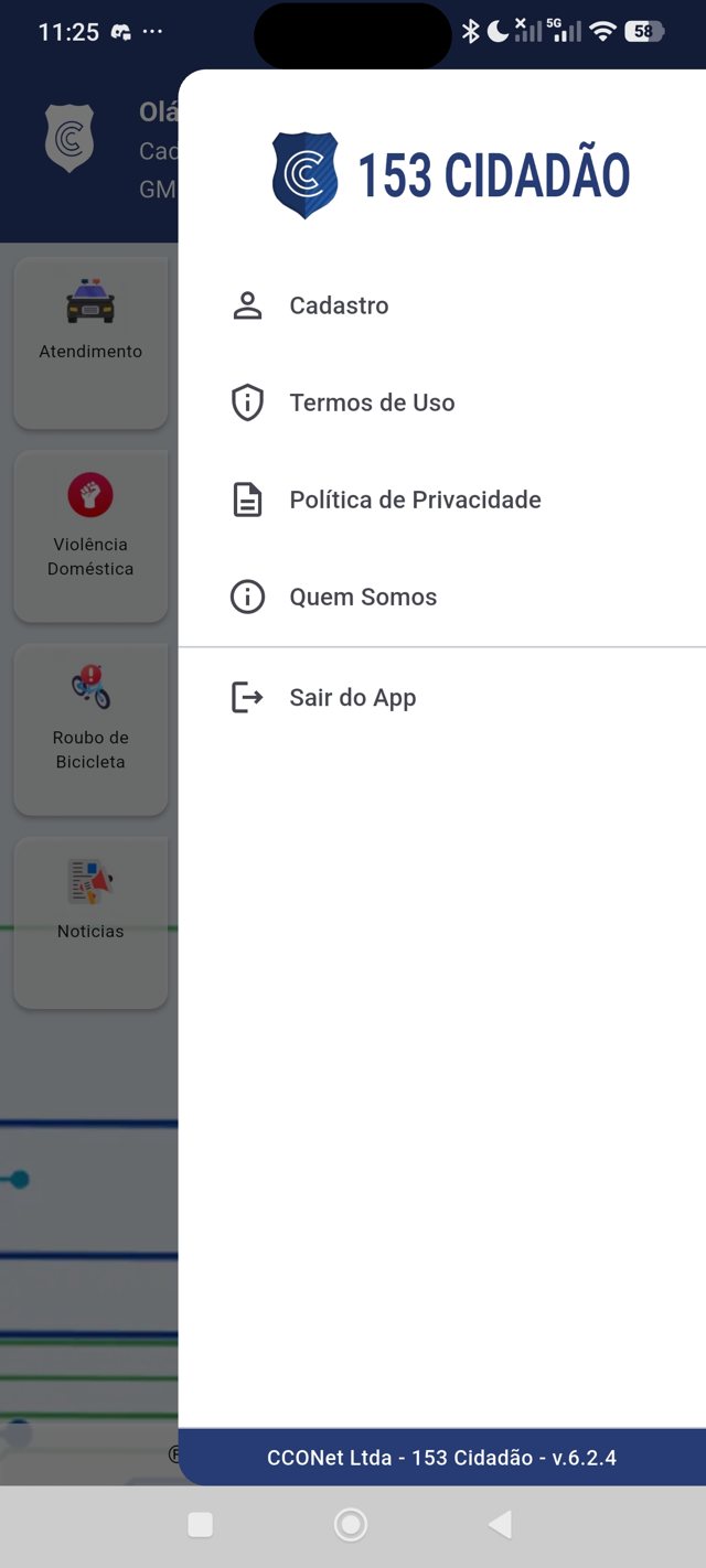 Menu lateral do aplicativo com Cadastro, Termos de Uso, Política de Privacidade e Quem Somos